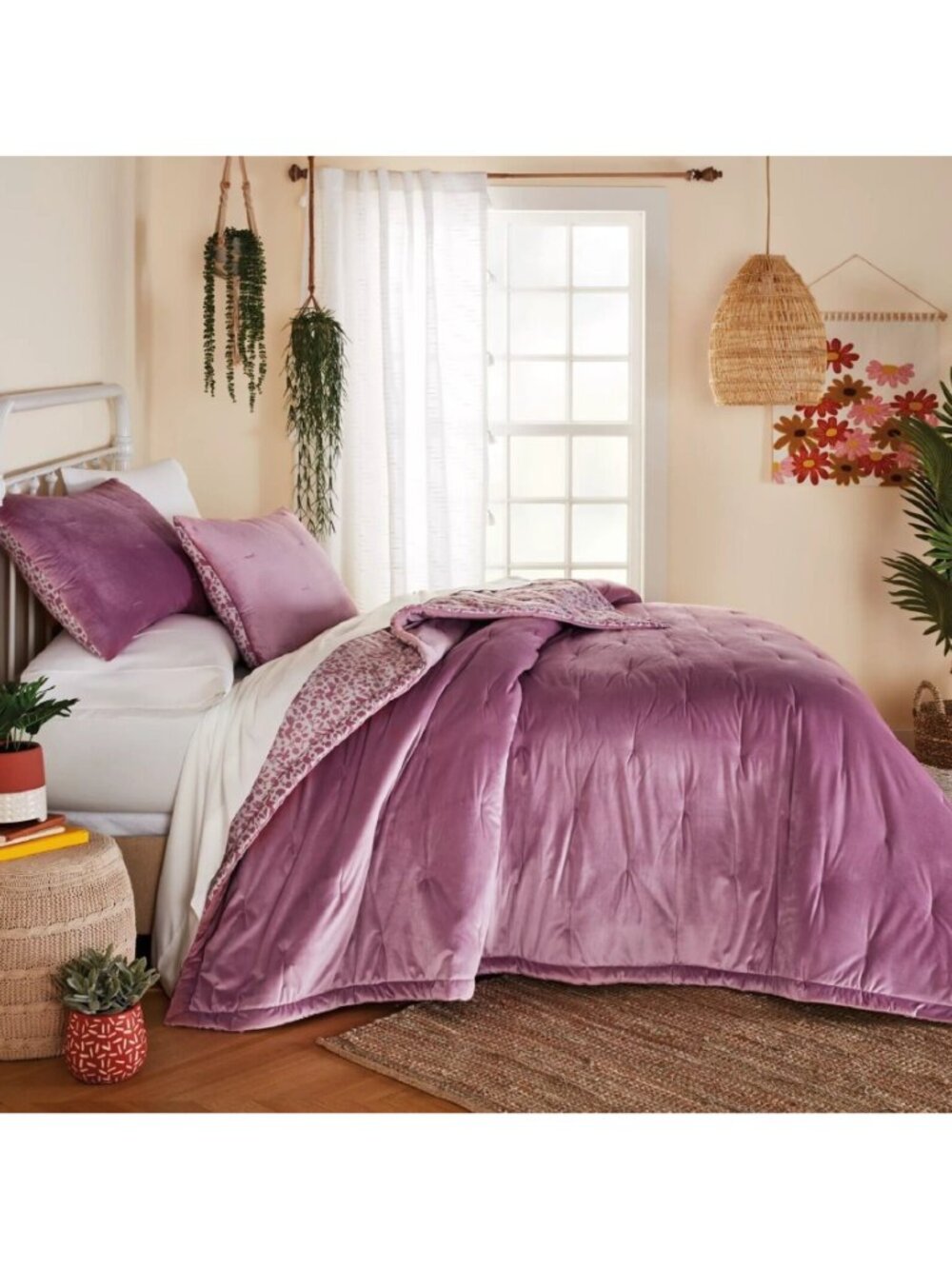 new Wild Sage Velvet Floral 3-pc Reversible 8lb KING Quilt Set Mauve Orchid Pink